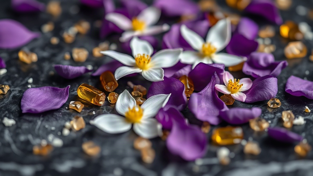 Close-up macro shot of fresh purple violet petals, white jasmine blossoms, and amber resin crystals scattered together o