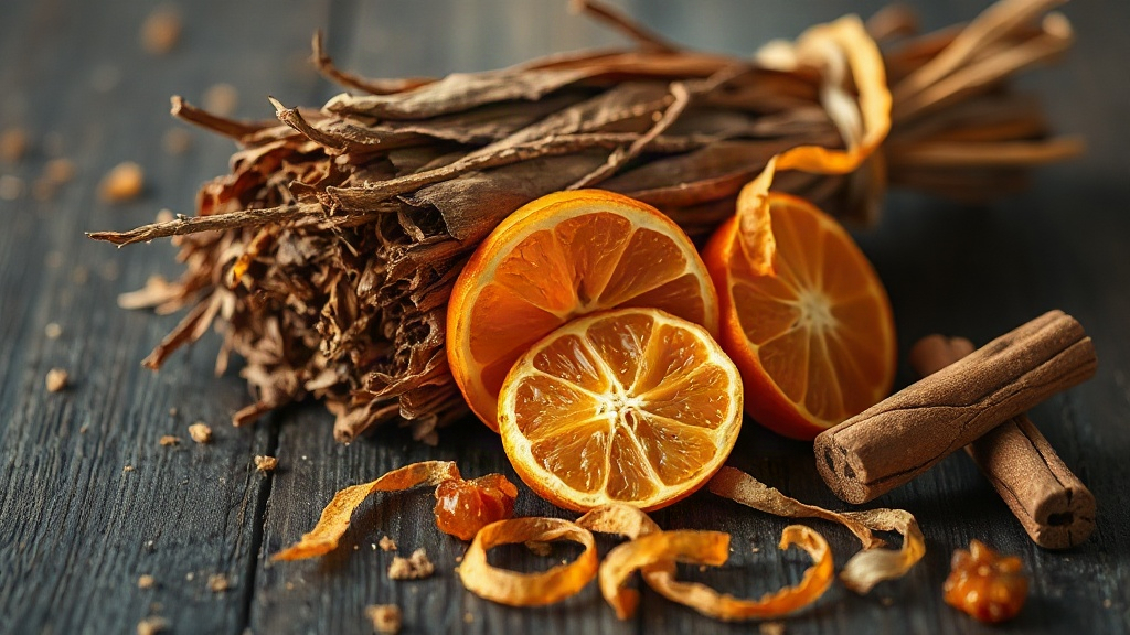 Dried tobacco leaves bundled with fresh mandarin orange slices and peel curls, scattered cinnamon sticks and amber resin