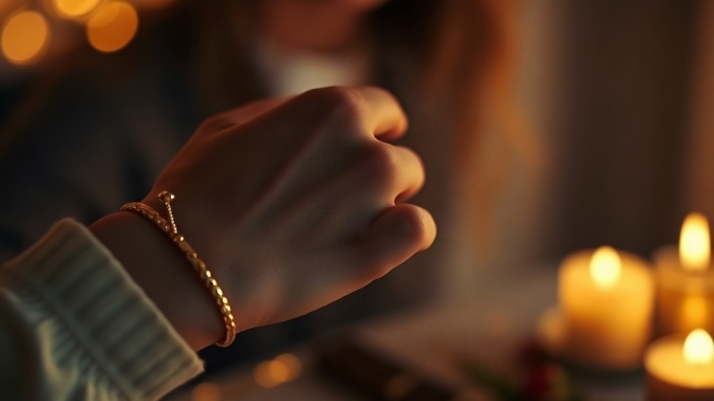 Close-up photograph of a woman's wrist and hand with a soft beam of warm light, delicate fingers gently touching th