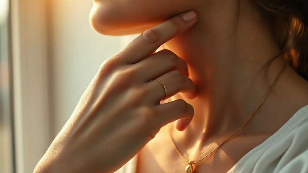 Close-up photograph of a person's wrist and hand gently touching the side of the neck, soft golden hour light strea