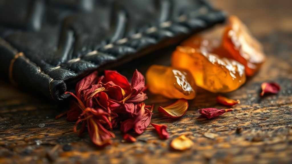Close-up macro photography of saffron threads, dried rose petals, amber resin chunks and a small piece of dark leather a