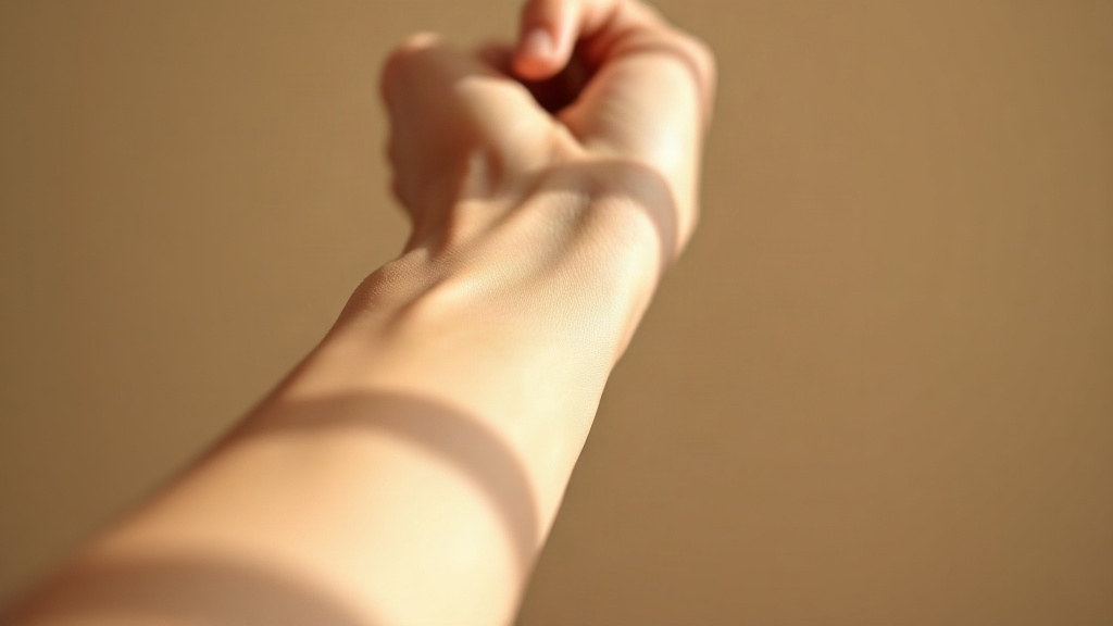 close-up photograph of a person's wrist and hand, fingertips gently touching the inner wrist as if applying fragran