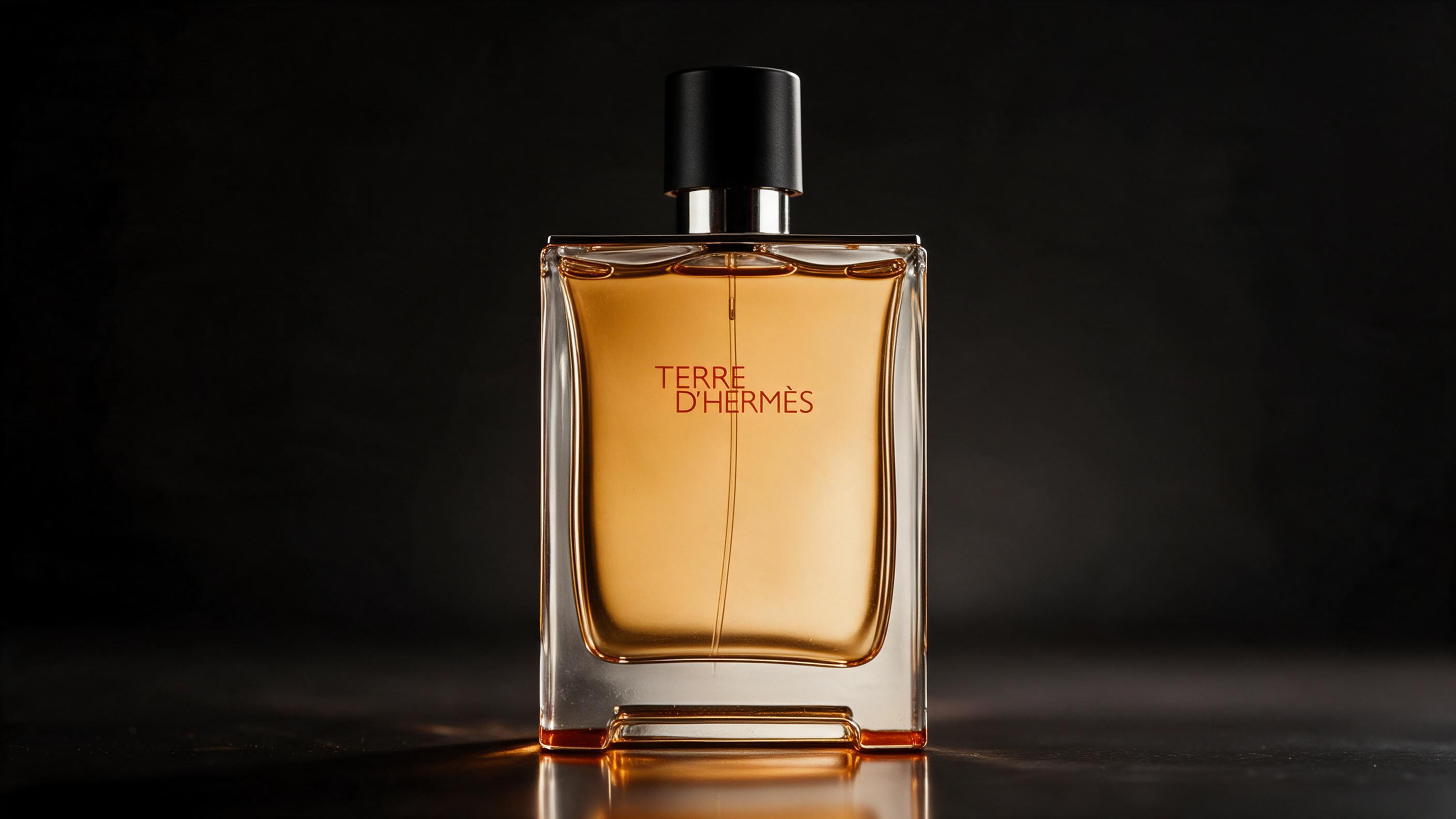 elegant photograph of a men's cologne bottle with amber-toned liquid and a rounded flask silhouette, placed on a da