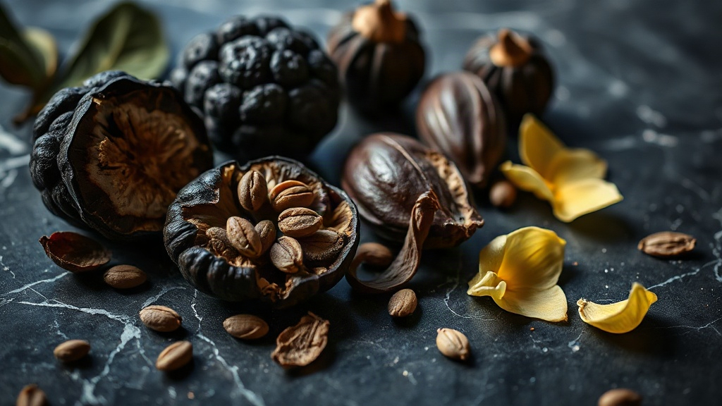 close-up macro photograph of dark perfumery raw materials arranged on a black marble surface — a whole black truffle, cr