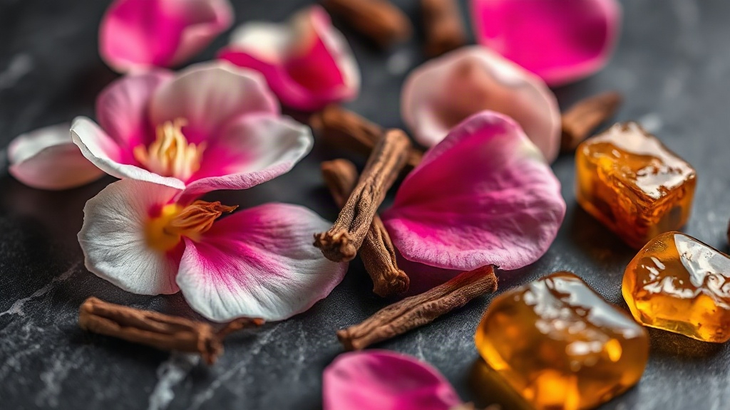 Close-up still life of fresh rose petals, clove buds, and amber resin chunks arranged on dark marble surface, warm golde