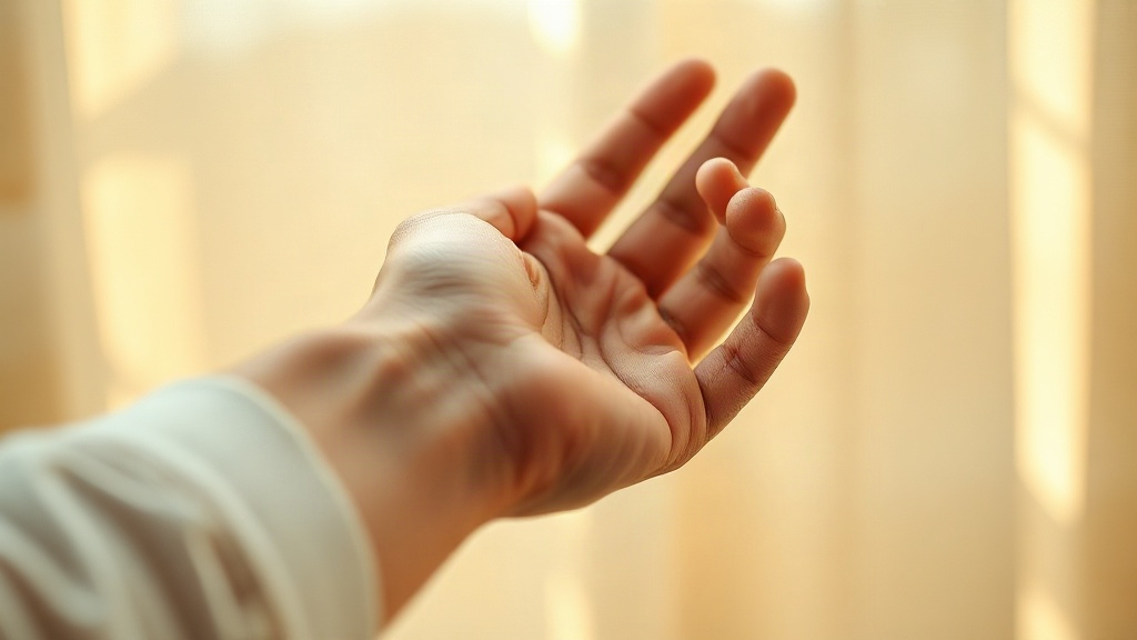close-up photograph of a hand gently touching the inner wrist pulse point with fingertips, warm soft natural window ligh