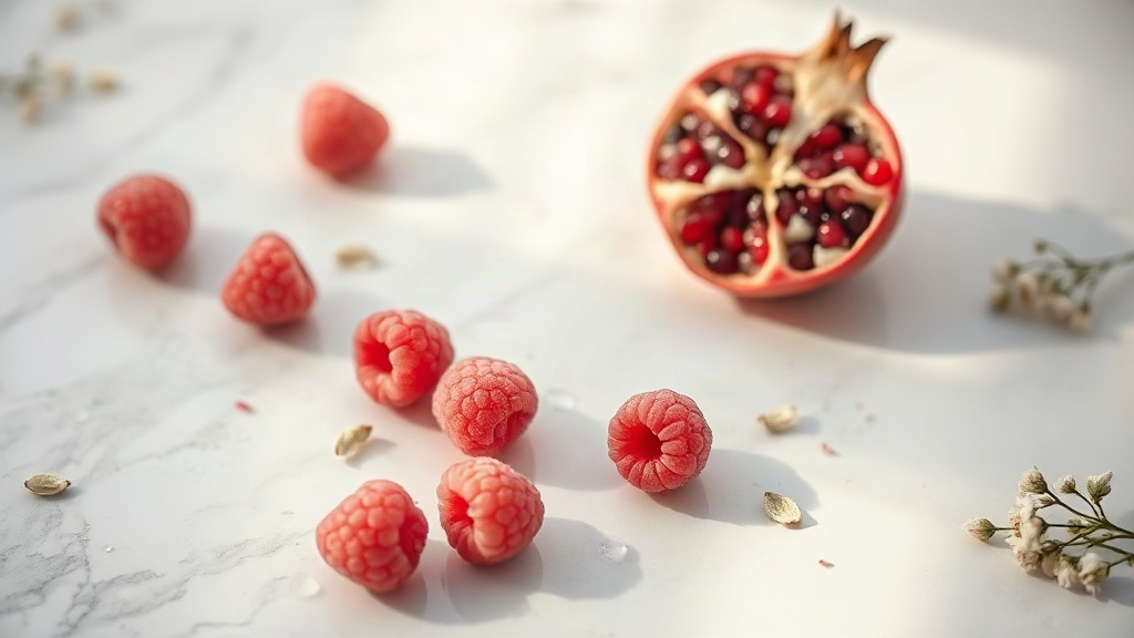 soft pink raspberries, a halved pomegranate with visible seeds, and small acacia blossom sprigs scattered on a pale marb