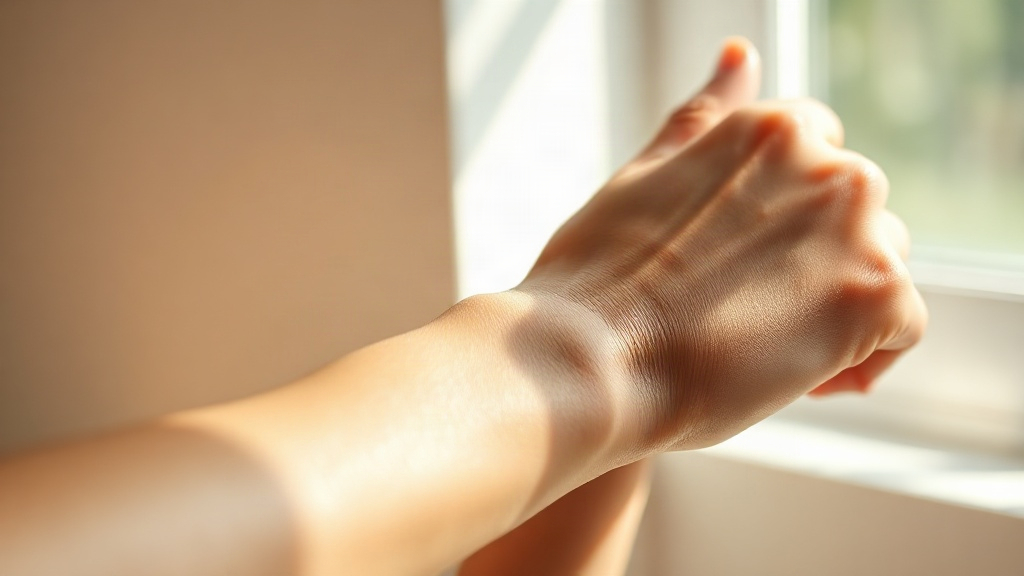 close-up photograph of a hand gently touching an inner wrist, delicate fingers grazing the skin, soft natural window lig