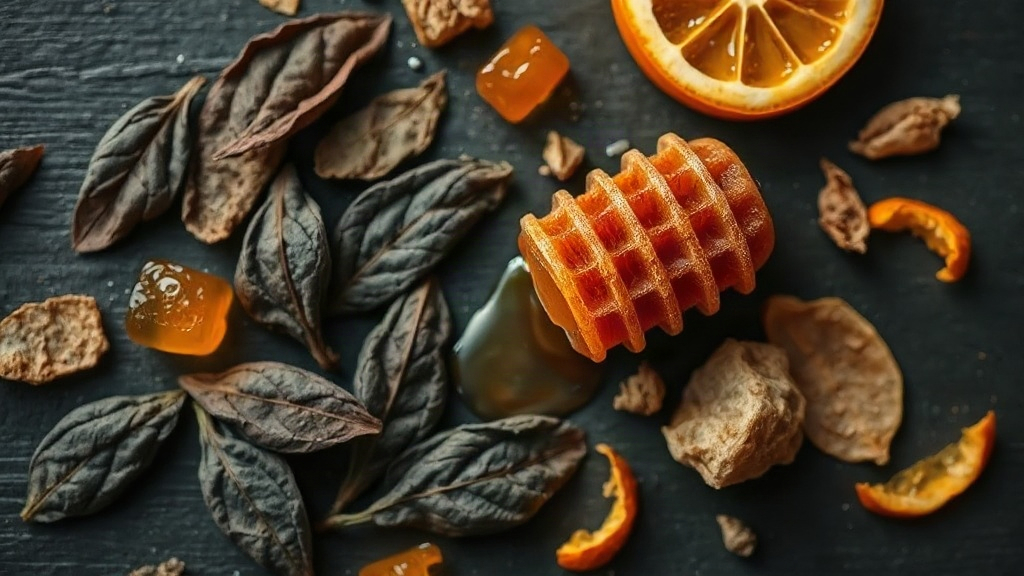 overhead flat lay of dark tobacco leaves, a honeycomb dripping golden honey, chunks of raw amber resin, and dried orange