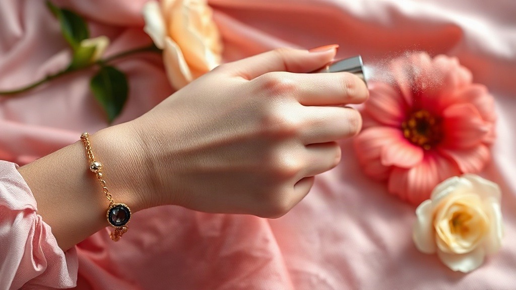a woman's wrist and hand close-up, delicate perfume spray mist, soft pink fabric background, flowers nearby, natura