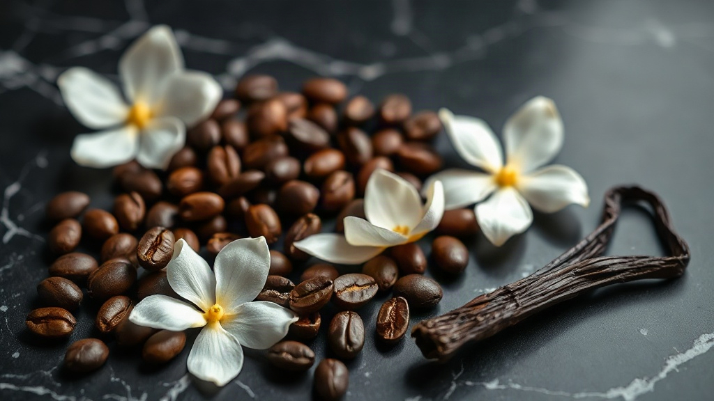 Close-up macro photograph of perfume raw ingredients arranged on a dark marble surface: roasted coffee beans, a single t