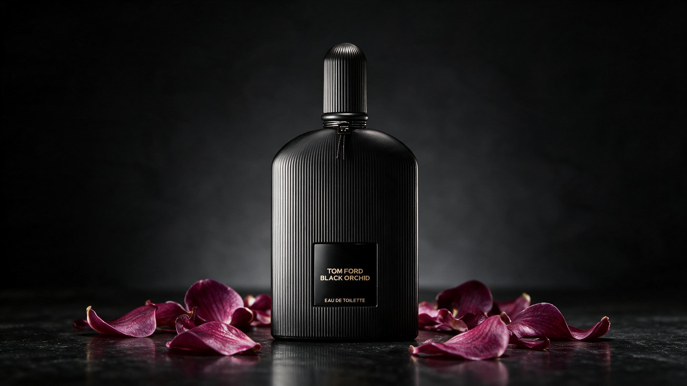 elegant black glass perfume bottle with gold cap on a dark reflective surface, moody studio lighting, orchid flower peta
