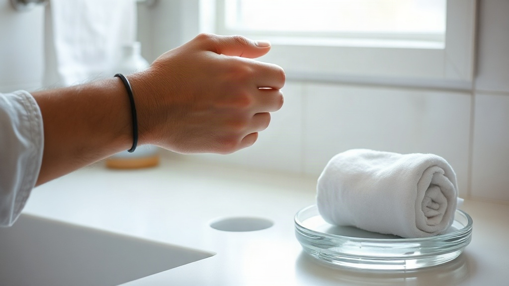 Close-up lifestyle photograph of a man's wrist and hand applying cologne, soft morning light through a window, mini