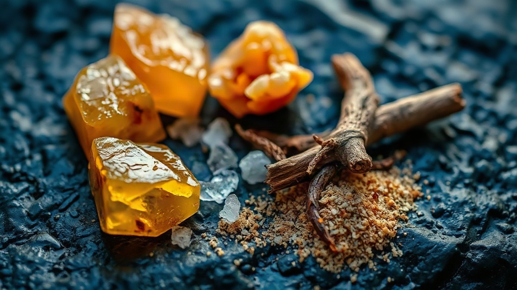 close-up macro photography of raw perfume ingredients arranged on a dark wet stone surface, chunks of amber resin, sea s