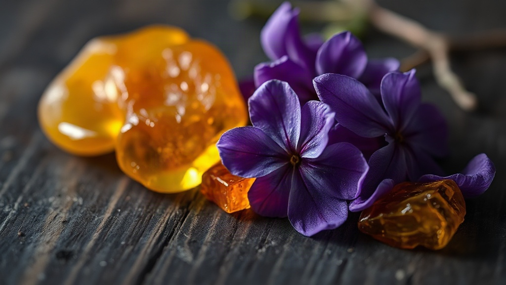 close-up macro photograph of fresh violet flowers next to raw amber resin chunks on a dark wooden table, soft directiona