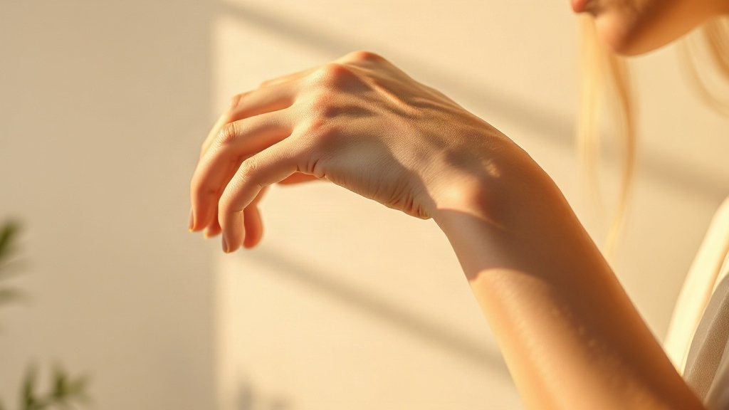 close-up photograph of a woman's wrist and hand, delicate gesture of applying perfume, soft golden hour lighting, e