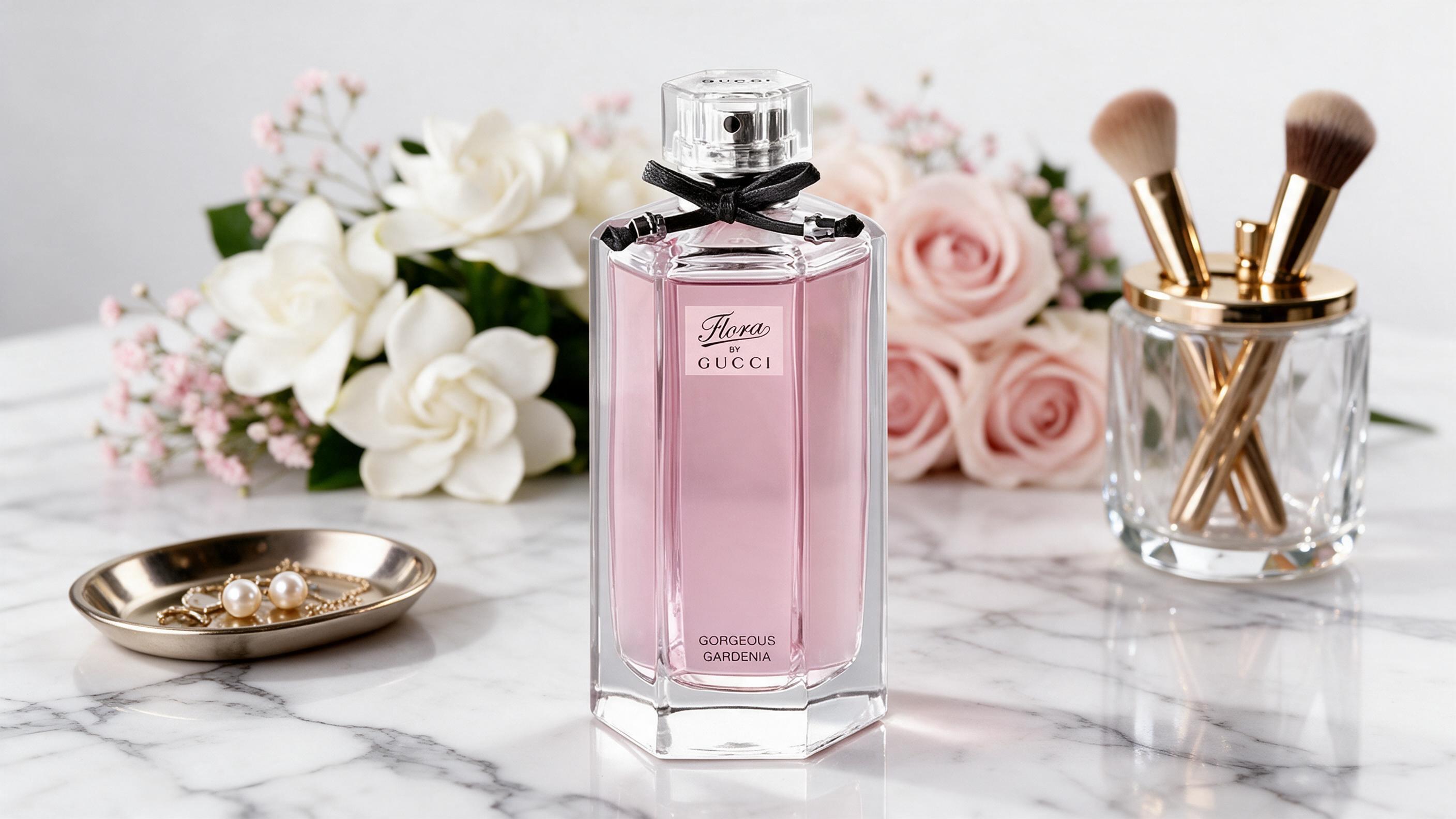 elegant perfume bottle of a floral pink-toned fragrance with gold cap standing on a marble vanity table, soft studio lig
