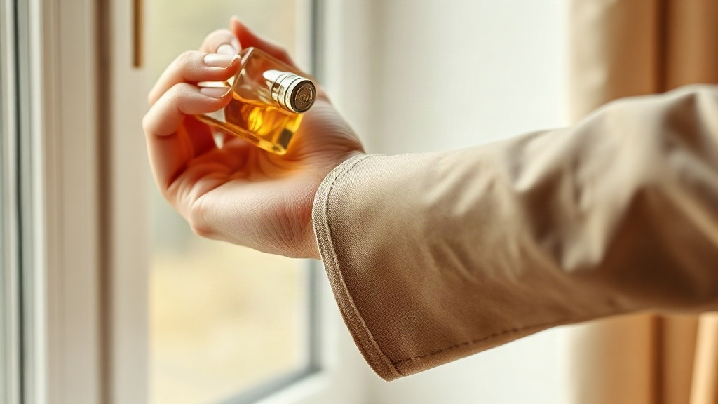 Close-up of a wrist being gently dabbed with perfume from a glass applicator, soft natural window light, neutral beige f