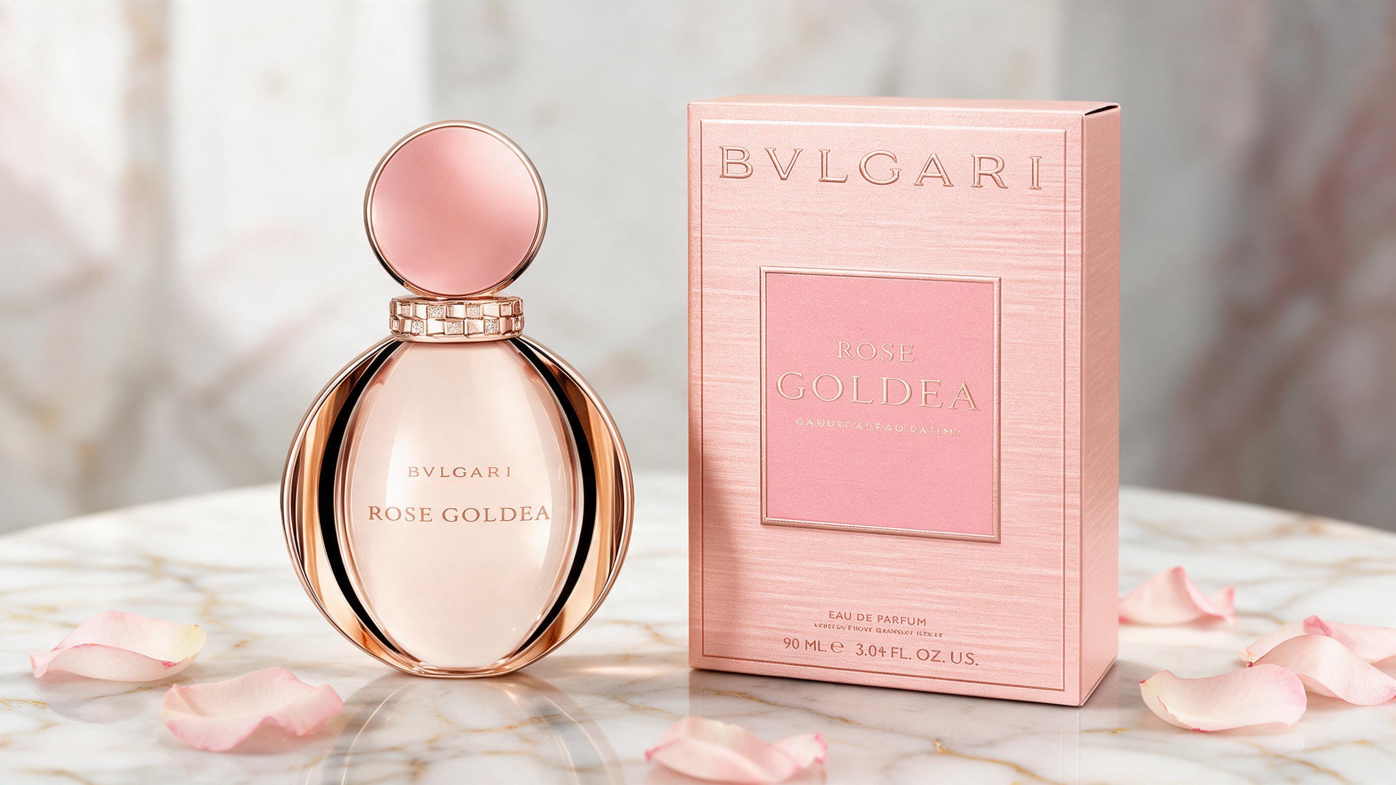 elegant photograph of a Bvlgari Rose Goldea perfume bottle with pink-toned liquid, feminine curved glass design, softly 