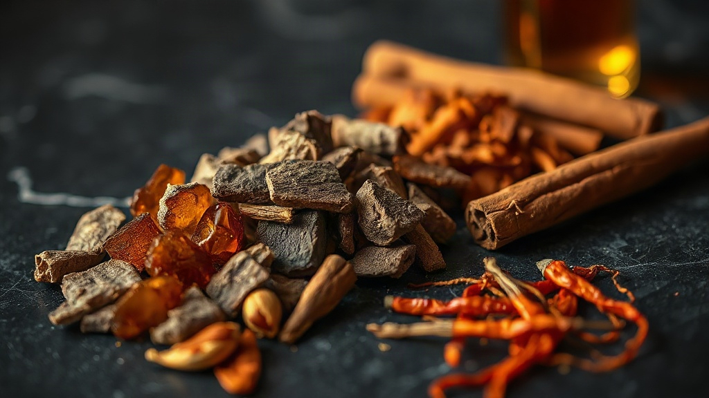 close-up of raw perfume ingredients arranged on a dark marble surface, oud wood chips, amber resin chunks, cinnamon stic