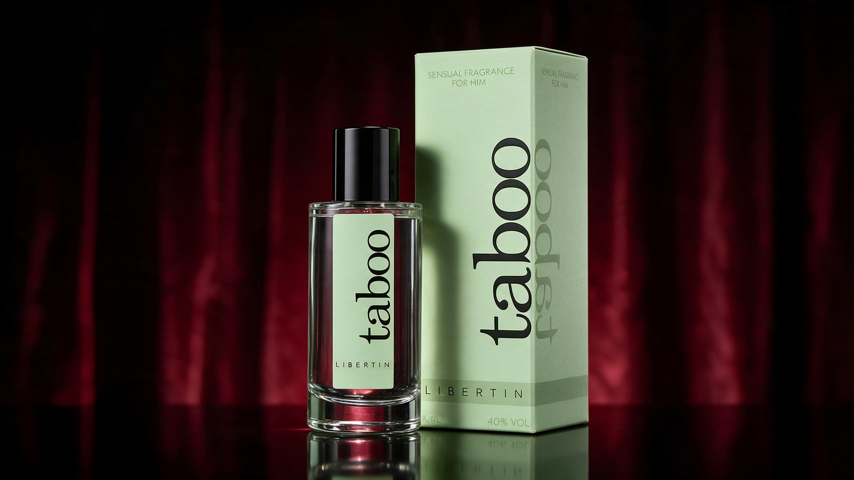 professional product photography of a dark elegant men's cologne bottle labeled Taboo Libertin, standing on a refle