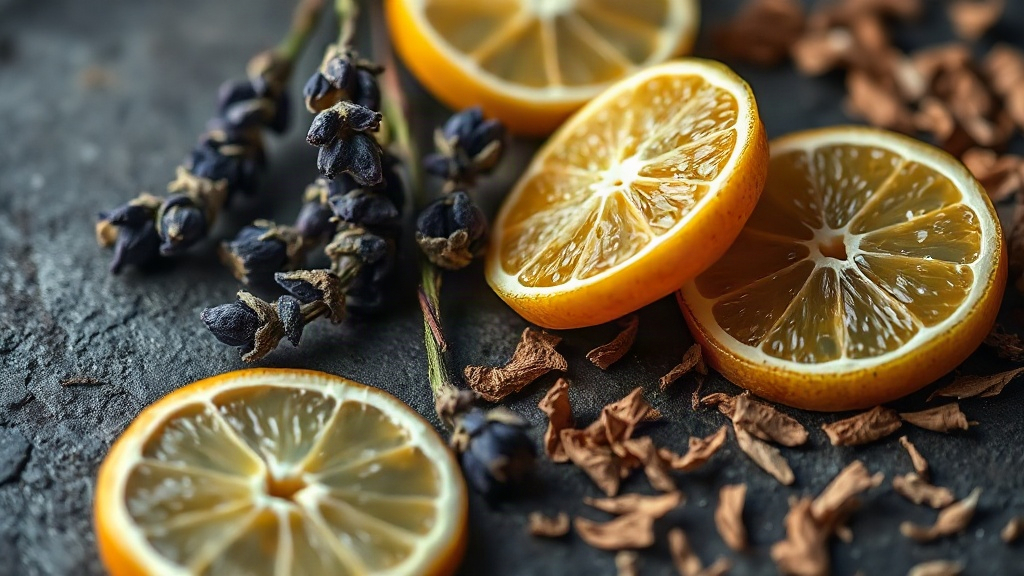 close-up macro photo of fresh bergamot citrus fruit halves, sprigs of lavender, dried Sichuan pepper berries, and cedar 