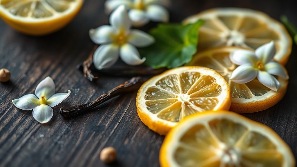 close-up macro photo of bergamot citrus slices, jasmine flowers, and vanilla pods arranged on a dark wooden surface, sof