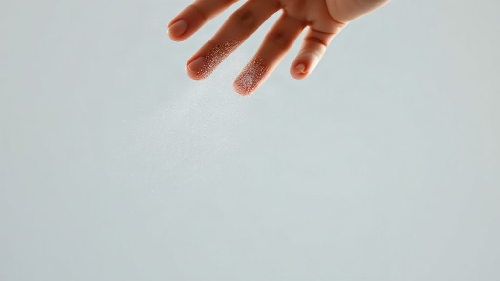 close-up photograph of a single wrist and hand with a fine mist of perfume spray being applied, soft backlight catching 