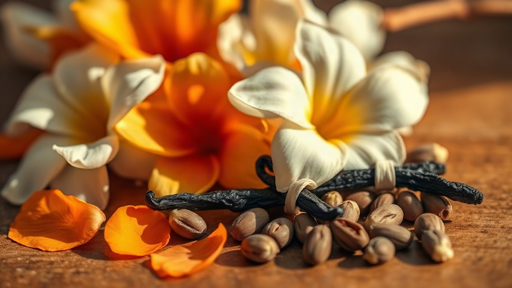 Close-up macro photograph of fresh orange blossom flowers, jasmine petals, vanilla pods and tonka beans arranged togethe