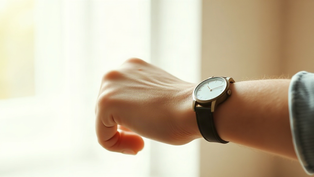 close-up photograph of a man's wrist and hand, fingertips gently touching pulse point, soft natural window light, n