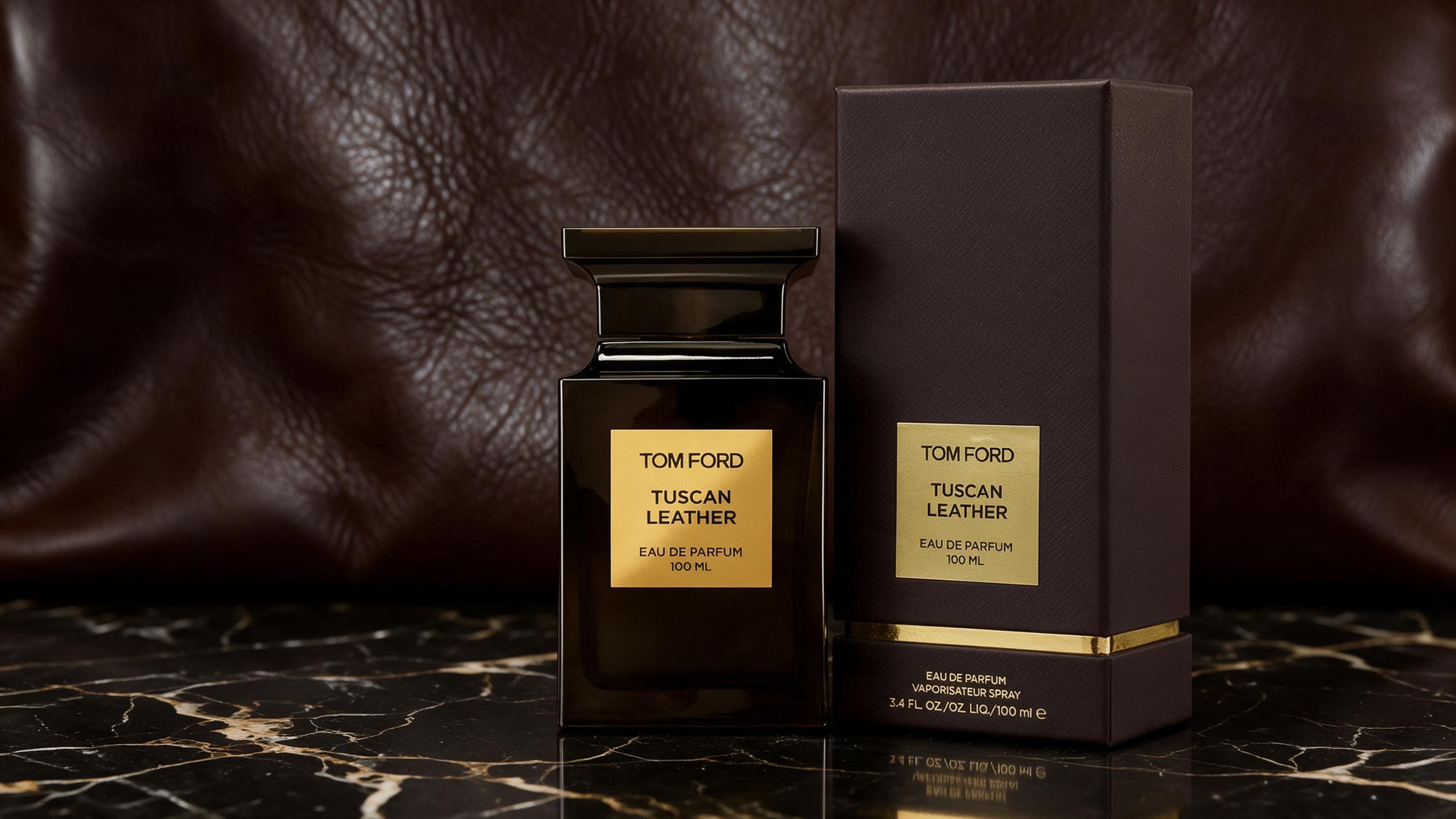 elegant product photography of a Tom Ford Ombre Leather perfume bottle standing on a dark polished marble surface, soft 