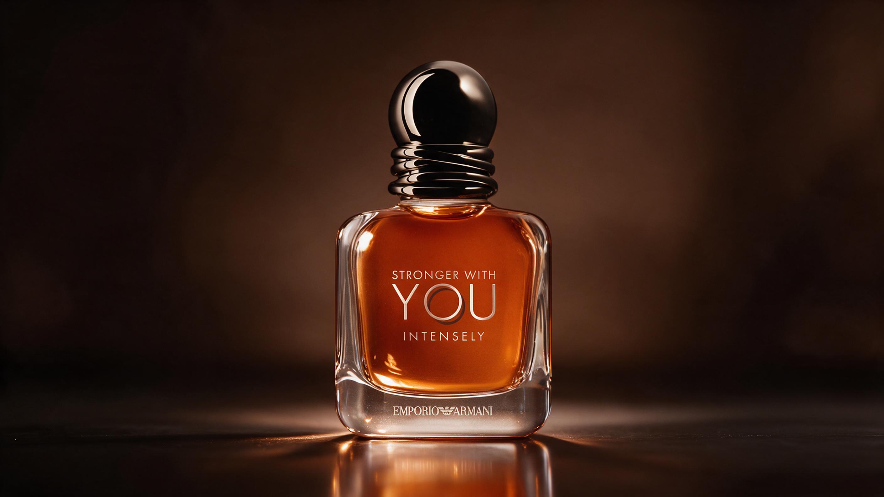 Emporio Armani Stronger With You Intensely 100ml eau de parfum bottle for men, dark amber colored liquid, matte dark bot