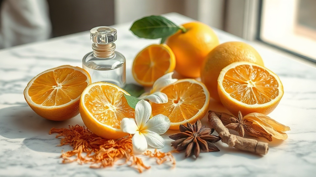 Macro still life of perfume raw materials arranged on a marble surface: fresh bergamot halves, orange slices, jasmine fl