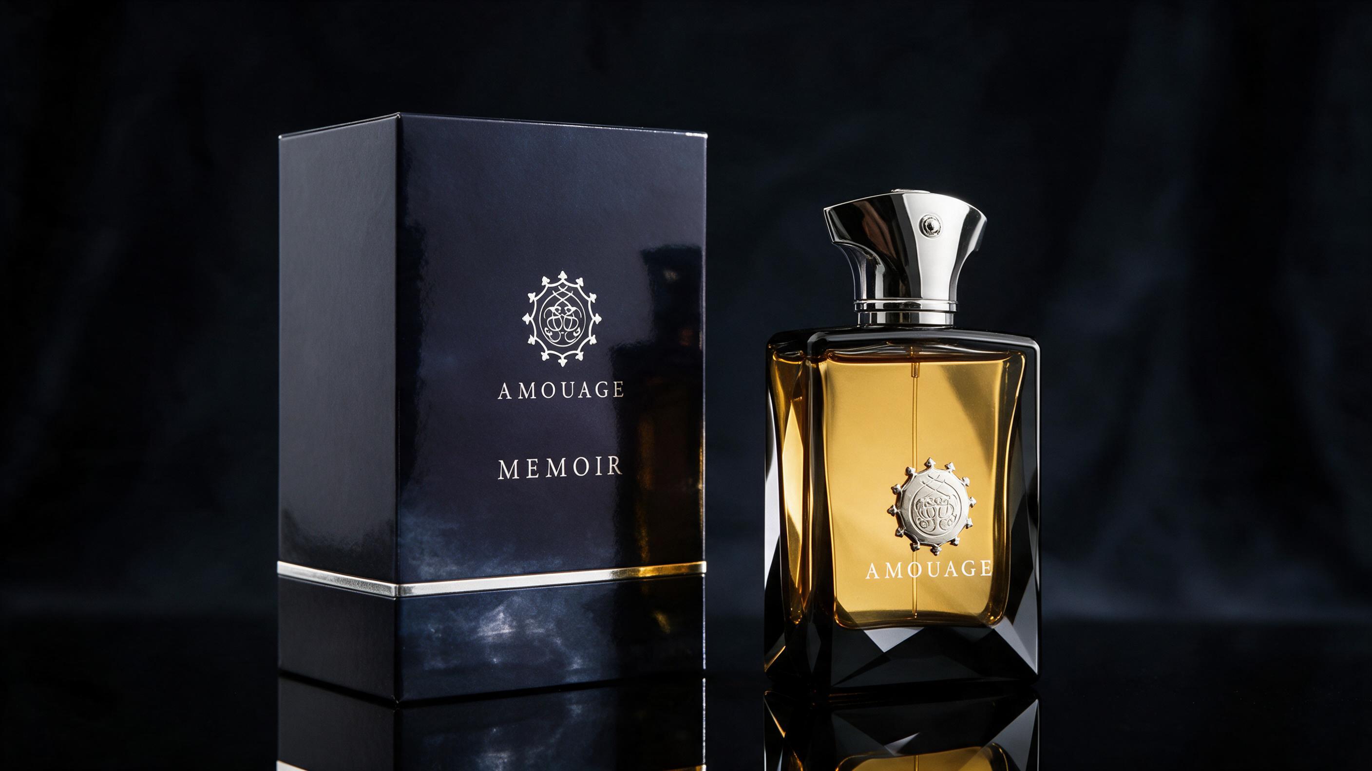elegant luxury perfume bottle with a faceted glass design and a dark metallic cap, warm golden-amber liquid inside, plac