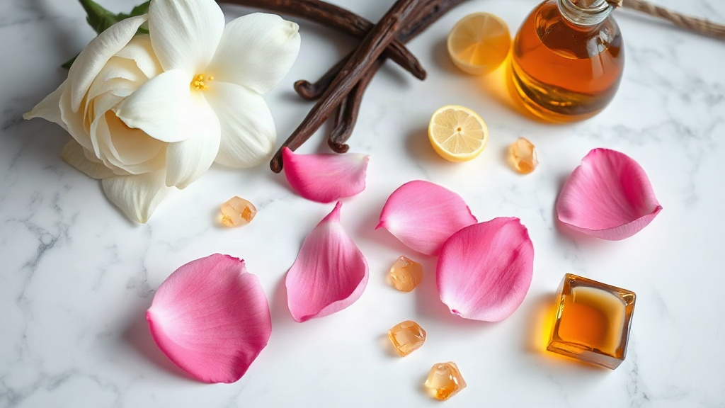 Elegant flat lay on white marble surface with fresh pink rose petals, white jasmine blossoms, vanilla pods, bergamot sli