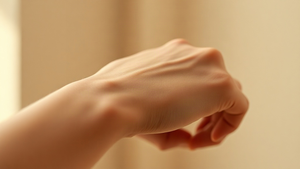 Close-up of a person's wrist and hand, fingertips gently touching the inner wrist after applying perfume, elegant c