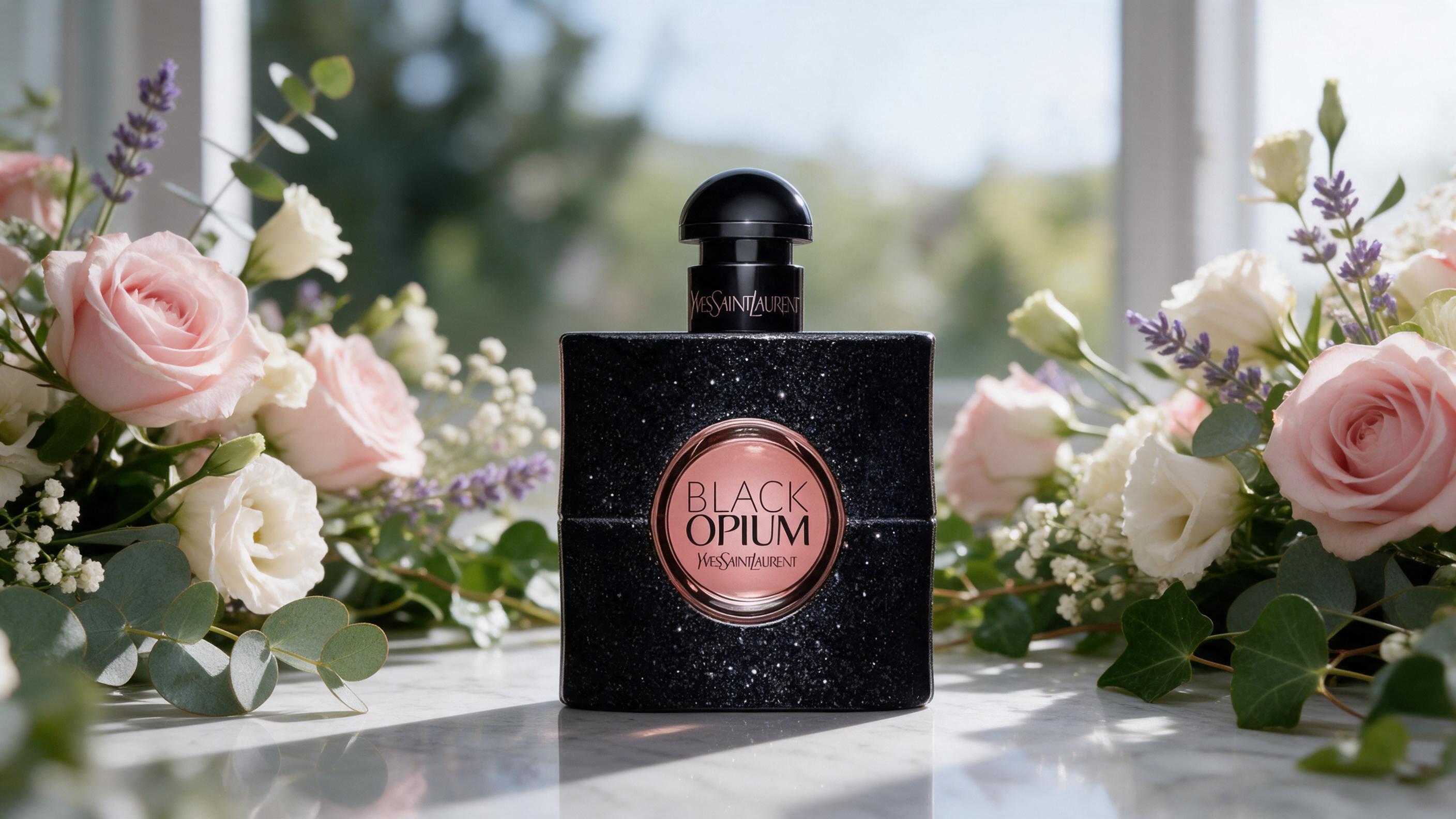 elegant perfume bottle with minimalist glass design and botanical-inspired cap, standing on a marble surface surrounded