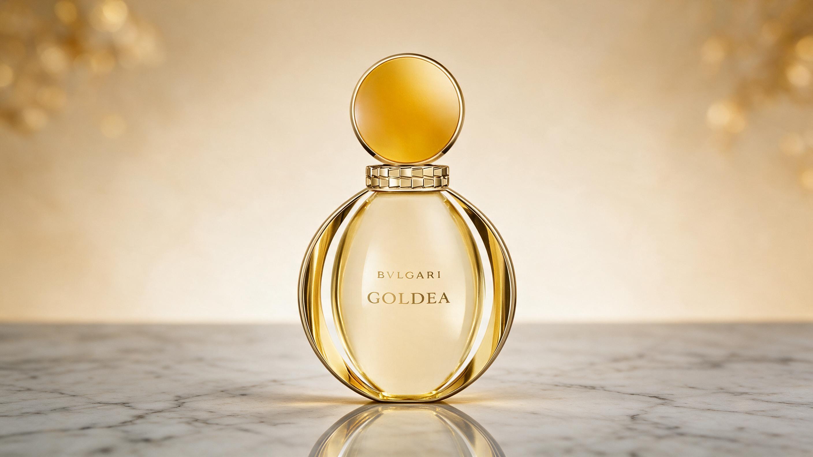 elegant golden perfume bottle with faceted glass design and gold cap, warm studio lighting, luxury cosmetic product phot