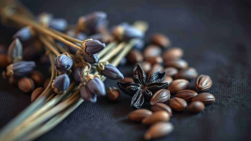 close-up macro photograph of lavender sprigs, vanilla pods, and tonka beans arranged on dark textured fabric, warm amber