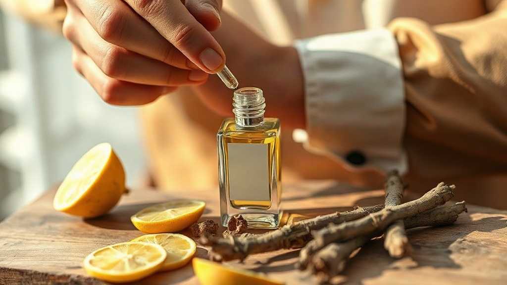 a man's wrist and hand applying perfume, warm natural light, bergamot slices and vetiver roots arranged on a wooden