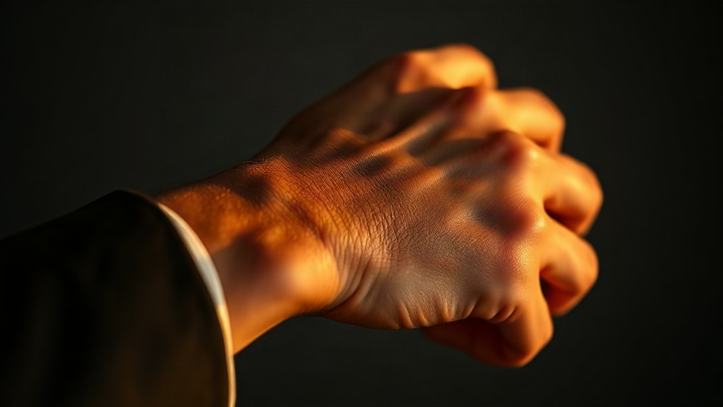 Macro photograph of a man's wrist and hand, fingertip gently touching the inner wrist as if applying fragrance, sof