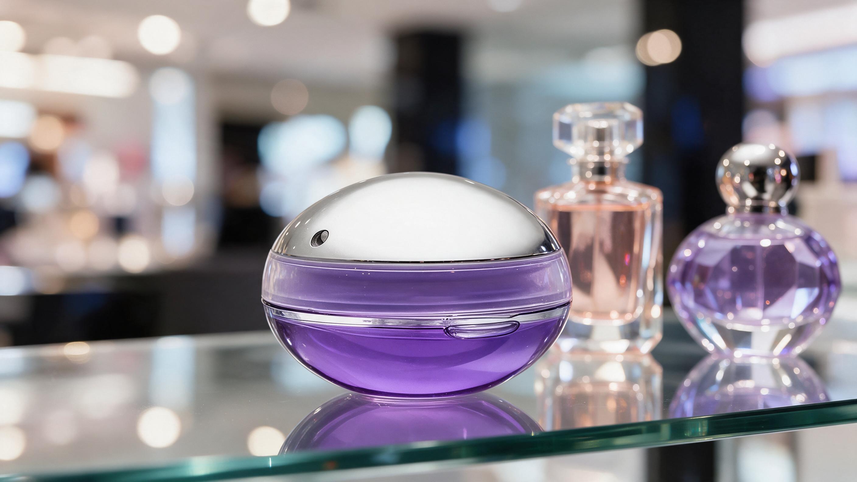 Elegant perfume bottle with deep violet liquid and a faceted amethyst-style cap, standing next to two other designer per
