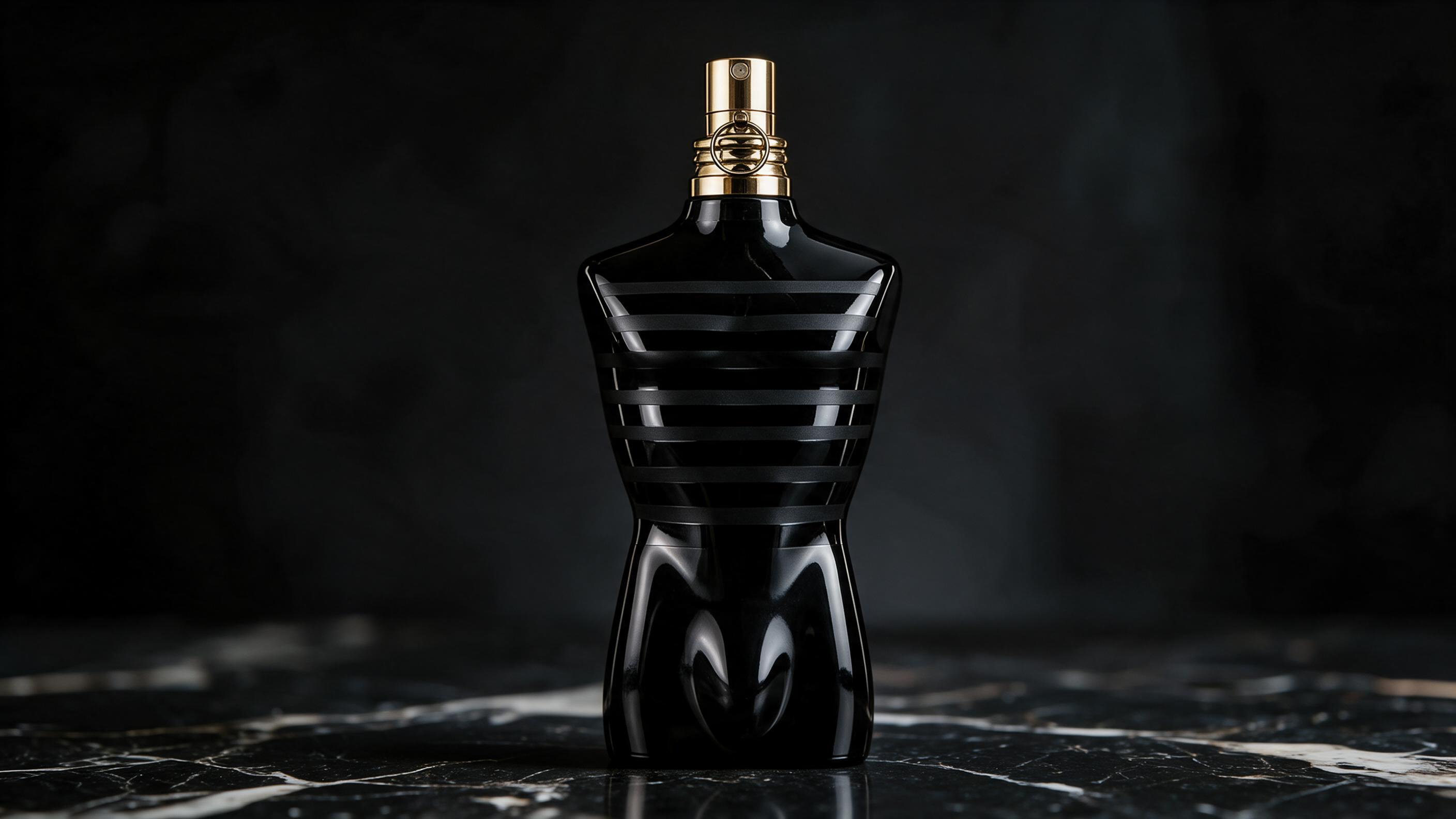professional studio product photograph of a men's cologne bottle shaped like a sailor's torso with green and m