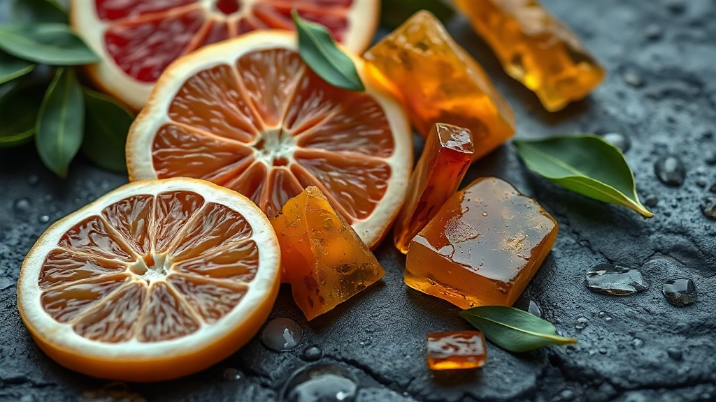 close-up macro photograph of fresh grapefruit slices, green bay leaves, and amber resin chunks arranged on a dark wet st