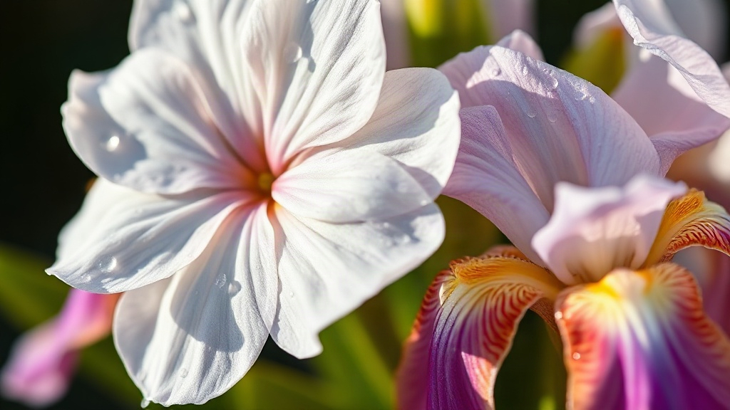 close-up of fresh jasmine and iris flowers with soft morning light and water droplets on petals, delicate floral texture