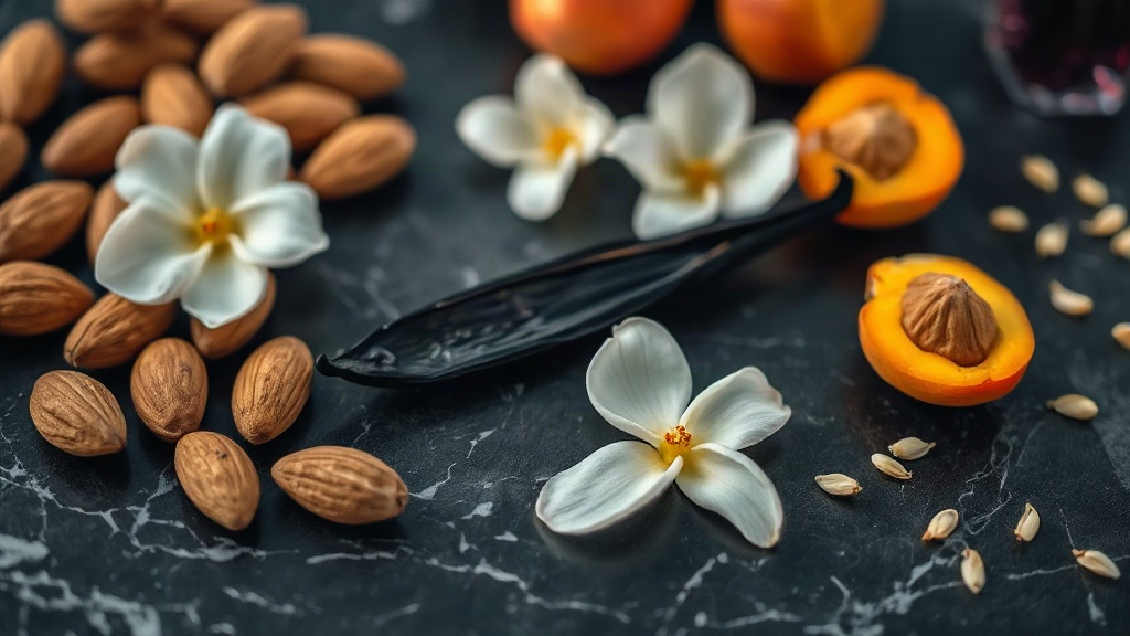 Close-up macro photograph of perfume raw materials arranged on a dark marble surface: whole almonds, a vanilla pod split
