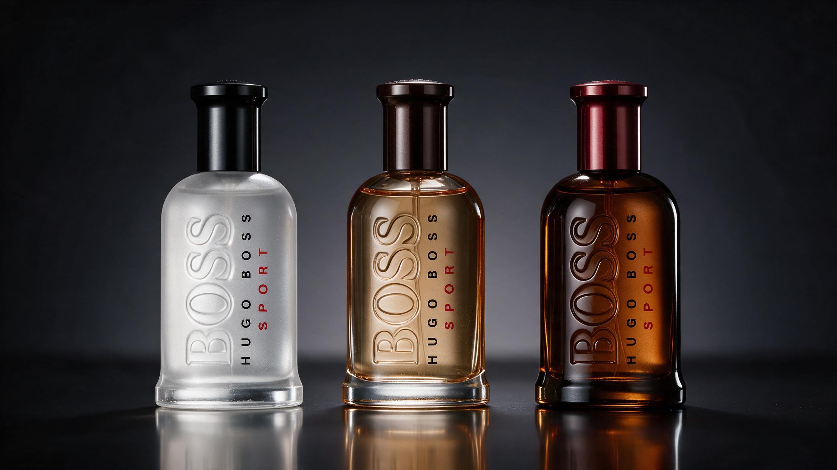 Photorealistic product shot of three different men's cologne bottles in amber and dark brown glass with varying cap