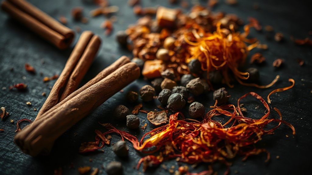 close-up macro photograph of raw spice ingredients scattered on a dark wooden surface, cinnamon sticks, cracked black pe