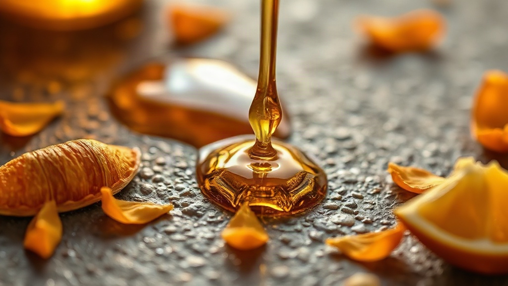 close-up macro photo of golden honey drizzling over caramel textured surface, fresh orange blossom petals and bergamot p