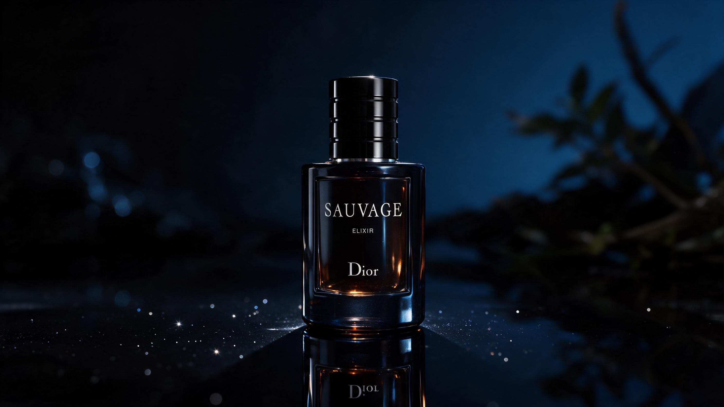 elegant product photography of a dark amber perfume bottle with dark cap on a black reflective surface, dramatic studio 